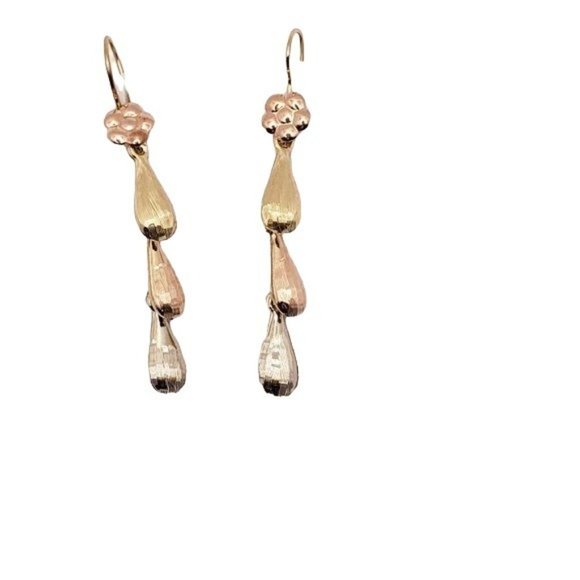 Real 14K Yellow, Rose & White Gold Hollow 3 Teardrops Hanging Earring womens